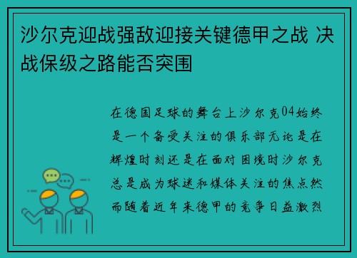 沙尔克迎战强敌迎接关键德甲之战 决战保级之路能否突围