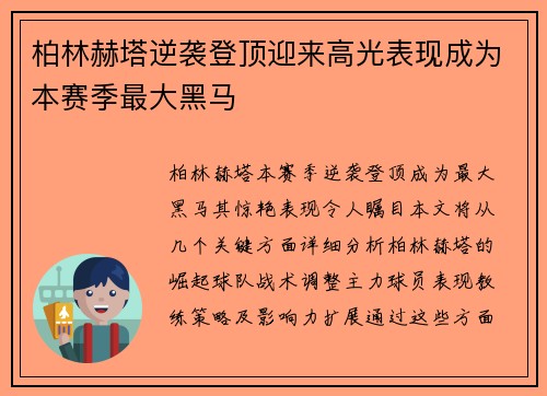 柏林赫塔逆袭登顶迎来高光表现成为本赛季最大黑马