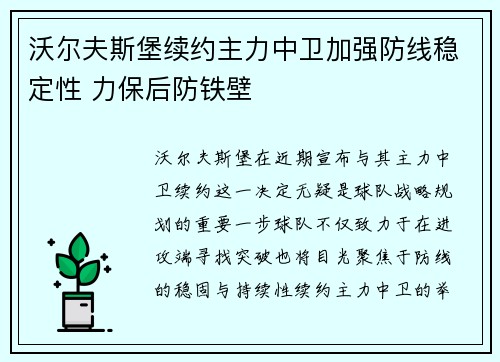 沃尔夫斯堡续约主力中卫加强防线稳定性 力保后防铁壁